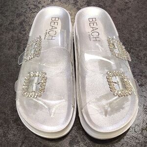Beach Riot Silver Slide Sandals with Rhinestone Accents